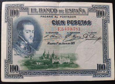 1925 SPAIN 100 Pesetas. Banknote. Felipe II