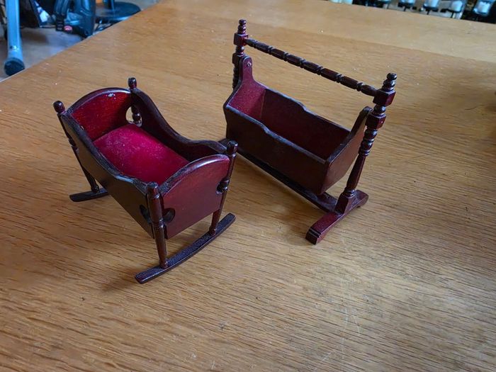 Dolls house furniture for nursery, cradles, highchairs and more
