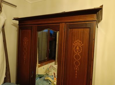 Antique Edwardian Inlaid Mahogany Triple Wardrobe Circa 1900 to 1920