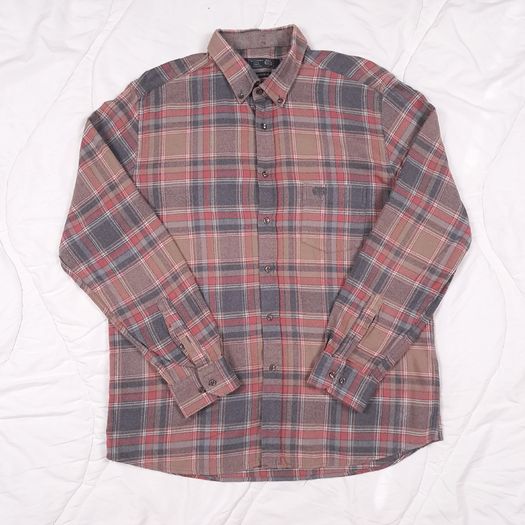 Paul Costelloe Brown Red Grey Plaid Check Long Sleeve Flannel Cotton Shirt Size L