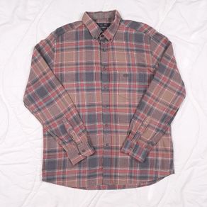 Paul Costelloe Brown Red Grey Plaid Check Long Sleeve Flannel Cotton Shirt Size L