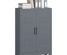 Filing cabinet with louver doors, storage cabinet, metal cabinet with 2 adjustable shelves, 75 x 33 x 110 cm, Gray