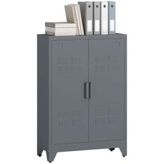 Filing cabinet with louver doors, storage cabinet, metal cabinet with 2 adjustable shelves, 75 x 33 x 110 cm, Gray