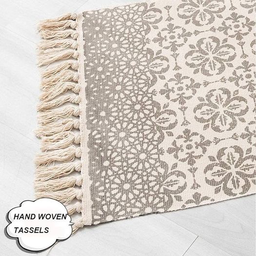 FREE EXPRESS SHIPPING Beige Rug Cotton Area Rug Bedroom Cream Floral Printed Moroccan Rug with Tassel 60x90cm Machine Washable Small Rug Hand Woven Carpet for Living Room, Kitchen,Hallway