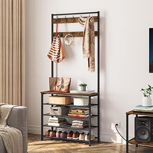 Coat Stand, Coat Rack with Shoe Storage, Free Standing Hall Tree with 9 Hooks
