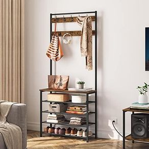 Coat Stand, Coat Rack with Shoe Storage, Free Standing Hall Tree with 9 Hooks
