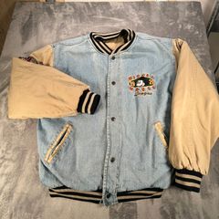 Vintage 90s Disney Mickey Mouse Denim Varsity Bomber Jacket L 1928