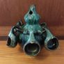 Fabulous Gourd Shaped Bulgarian Pottery Bottle in Brown with Mint Green Drip Glaze, with Five Matching Hanging Cups Image 3