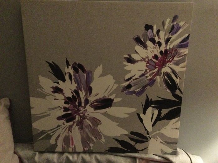 Grey and purple curtains from Next with matching cushion and canvas print