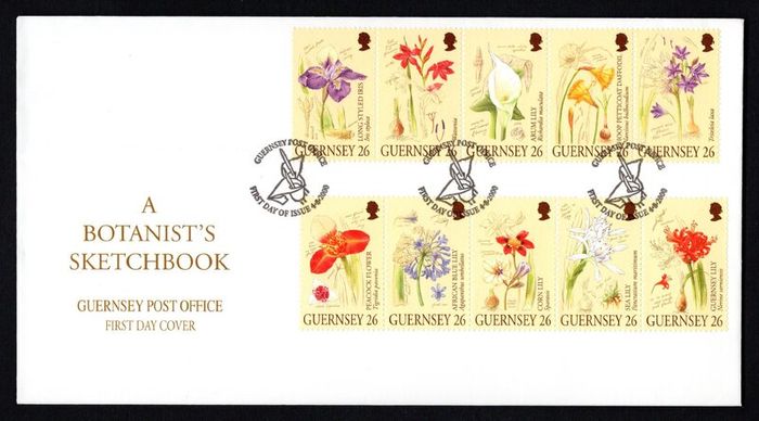 2000 Guernsey A Botanist's Sketchbook Restoration of Candle Gardens, St. Peter Port Commemorative Stamps Official First Day Cover (FDC)