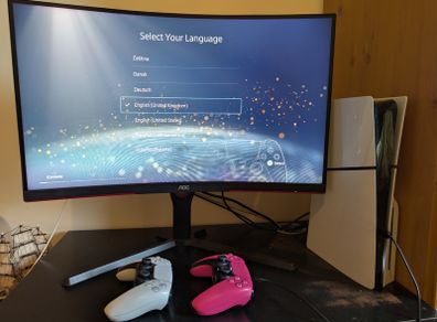 PS5 1TB Slim (boxed), extra nova pink dualsense controller + 27in AOC curved gaming monitor 1080p, 144hz, 0.5m/s