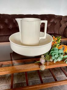 Large Sarreguemines France Ivory Washbasin and Jug Art Deco 1920s to 50s