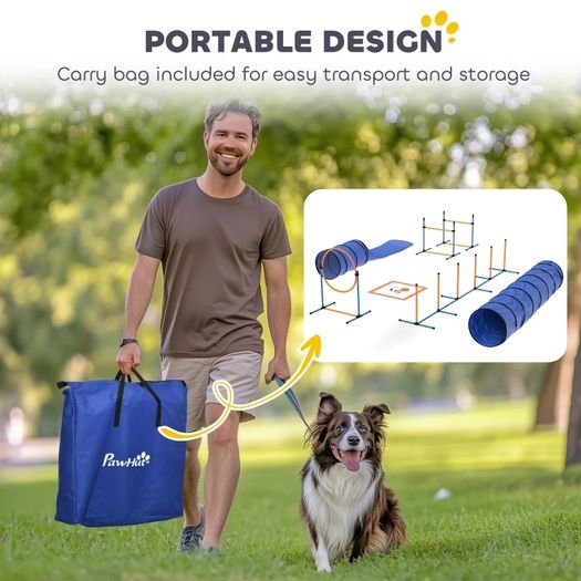 Dog Agility Set 11-piece Agility Equipment for Dogs with 2 Tunnels Adjustable Height Jump Ring & Hurdles Weave Pole