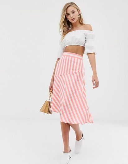 Vila - Mid Rose Striped Midi Skirt New with Tags RRP  42 Euro Size UK18 Asymmetric