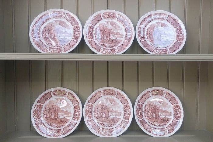 Vintage Set of Six Brown and White Fair Winds, Historical Scenes of Chinese Export to America - "The George Washington at Anchor" Salad Plates by Alfred Meakin