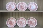 Vintage Set of Six Brown and White Fair Winds, Historical Scenes of Chinese Export to America - "The George Washington at Anchor" Salad Plates by Alfred Meakin