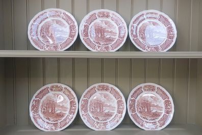 Vintage Set of Six Brown and White Fair Winds, Historical Scenes of Chinese Export to America - "The George Washington at Anchor" Salad Plates by Alfred Meakin