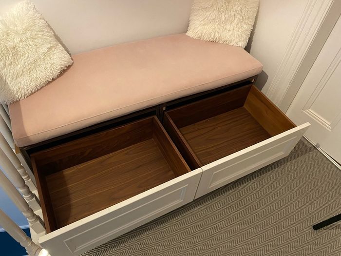 handmade storage bench/window seat with two large built-in drawers and a comfortable upholstered cushion