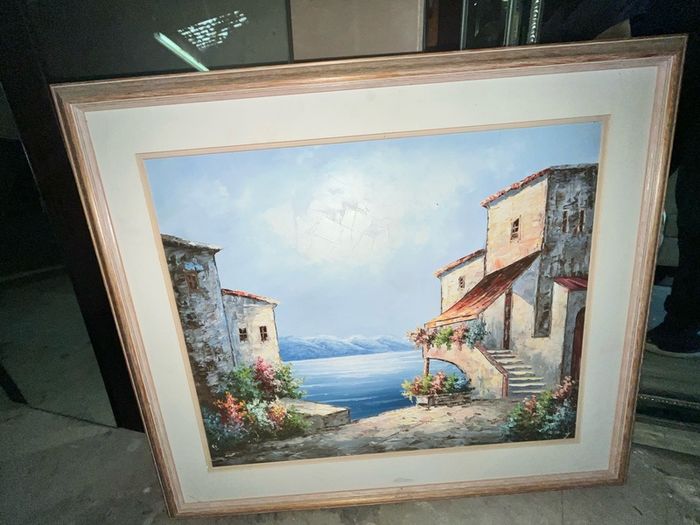 Large Framed Mediterranean Coastal Village painting. Signed Jones