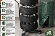 Tyre Storage Rack for 4 Wheels with Cover, Pressure Gauge &amp; Tread Depth Gauge