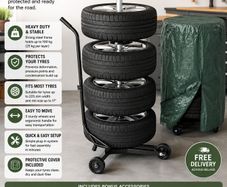 Tyre Storage Rack for 4 Wheels with Cover, Pressure Gauge & Tread Depth Gauge