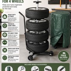 Tyre Storage Rack for 4 Wheels with Cover, Pressure Gauge & Tread Depth Gauge