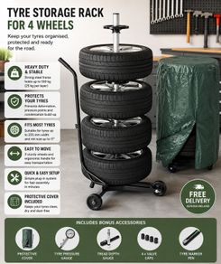 Tyre Storage Rack for 4 Wheels with Cover, Pressure Gauge & Tread Depth Gauge