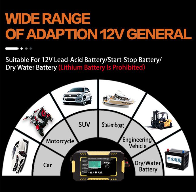 12V 6A Intelligent Car Motorcycle Battery Charger for Auto Moto Lead Acid AGM Gel VRLA Smart Charging 6A 12V Digital LCD Display