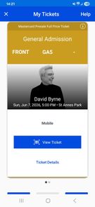 Two Front Standing tickets to David Byrne in St Anne's Park, Sunday 7th June