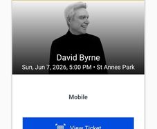 Two Front Standing tickets to David Byrne in St Anne's Park, Sunday 7th June