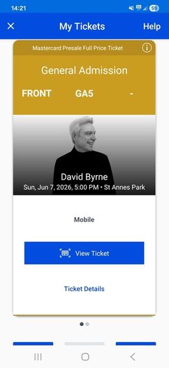 Two Front Standing tickets to David Byrne in St Anne's Park, Sunday 7th June