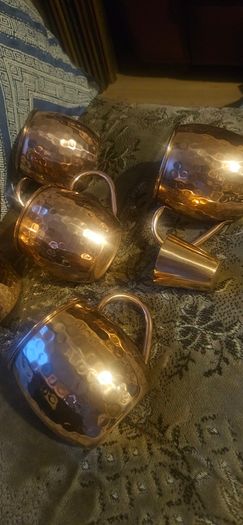 Copper pitcher, 4 cups and measuring cup