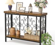 Console Table - 42.5 Industrial Hallway Table Slim Console Table with 2-Tier Storage Shelf, Wood Behind Sofa Table Narrow Accent Table for Entryway, Living Room, Foyer, Rustic Brown