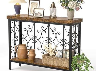 Console Table - 42.5 Industrial Hallway Table Slim Console Table with 2-Tier Storage Shelf, Wood Behind Sofa Table Narrow Accent Table for Entryway, Living Room, Foyer, Rustic Brown
