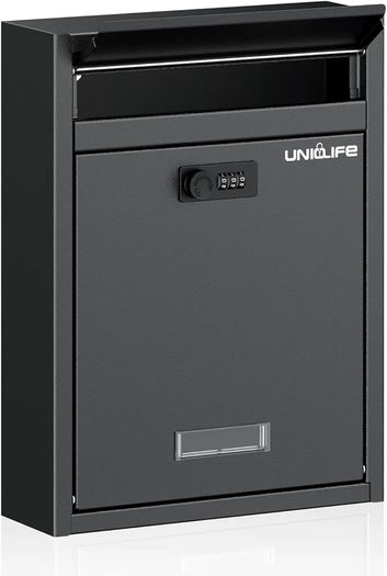 Wall Mount Mailbox for Outside, Large Locking Mailbox with Combination Lock, Security Mail Box for House, Safe Key Drop Box, Post Box, Steel Cash Drop Box for Home Office School, Black