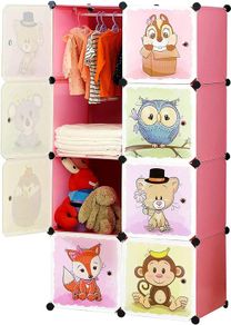 Portable Cartoon Clothes Closet Wardrobe DIY Modular Storage Organizer, Sturdy and Safe for Children, 6 Cubes & 1 Hanging Sections, Pink, 75 x 47 x 147 cm