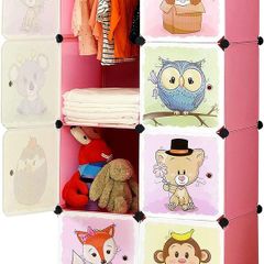 Portable Cartoon Clothes Closet Wardrobe DIY Modular Storage Organizer, Sturdy and Safe for Children, 6 Cubes & 1 Hanging Sections, Pink, 75 x 47 x 147 cm