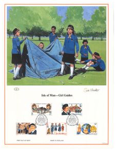 1985 Isle of Man Limited Edition Lithographed Print measuring 333mm X 257mm showing 75th Anniversary of Guiding Commemorative Stamp with First Day of Issue Cancel