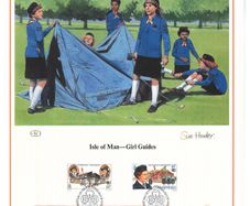 1985 Isle of Man Limited Edition Lithographed Print measuring 333mm X 257mm showing 75th Anniversary of Guiding Commemorative Stamp with First Day of Issue Cancel