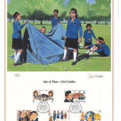 1985 Isle of Man Limited Edition Lithographed Print measuring 333mm X 257mm showing 75th Anniversary of Guiding Commemorative Stamp with First Day of Issue Cancel