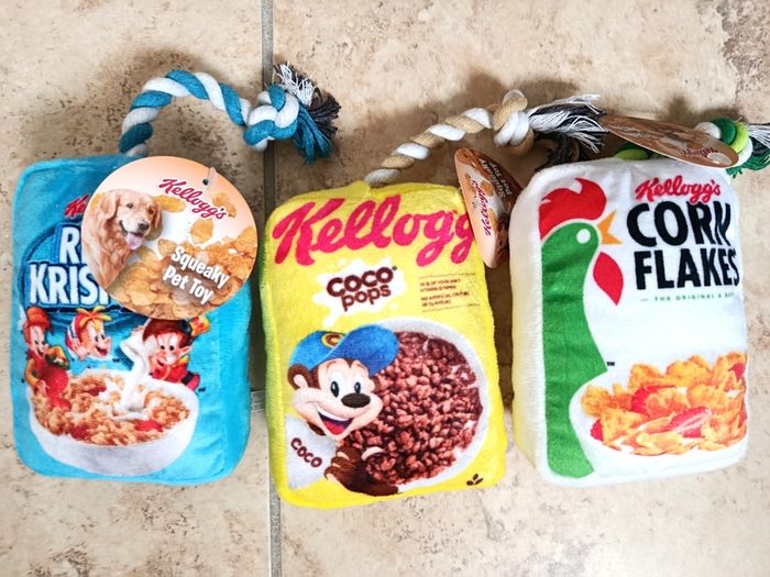 Set of Three Squeaky Dog Pet Toys - Kellog's Coco Pops + Rice Crispies + Corn Flakes - Cereal Boxes NEW