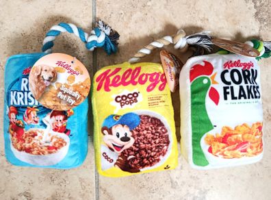 Set of Three Squeaky Dog Pet Toys - Kellog's Coco Pops + Rice Crispies + Corn Flakes - Cereal Boxes NEW