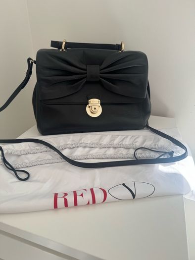 RED V Valentino genuine black leather crossbody bag with large bow and pink interior lining