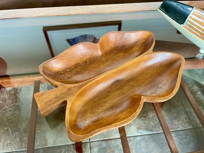 Vintage Teak Wood Serving Butterfly Leaf Shaped Bowl Two Section Tray