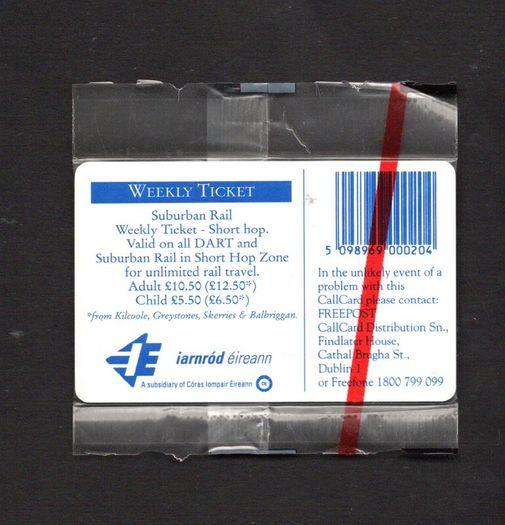 1996 Ireland 20 unit D.A.R.T (Dublin Area Rapid Transport) Weekly Ticket (Schlumberger SC7) Call Card Mint in packaging. Telecom Eireann Card Number 1126