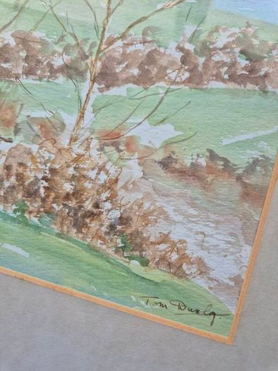 Tom Dunlop.Vintage watercolour by Tom Dunlop painting wood and glass framed