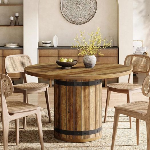 Round Dining Table, 100 cm Kitchen Table with Fence Wooden Base (Table Only)
