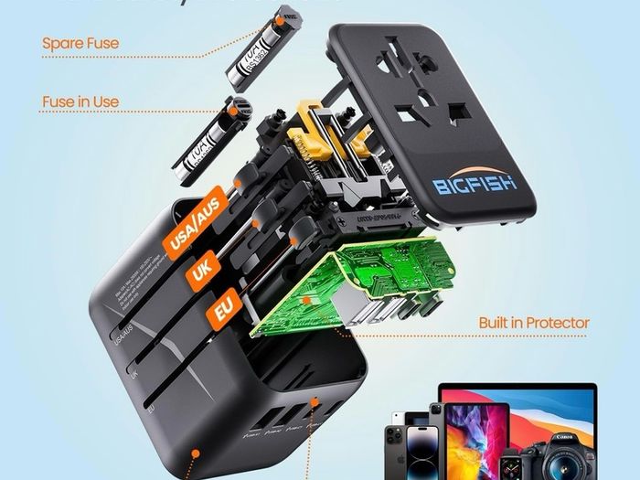 Universal Travel Adapter, Travel Plug Adapter Worldwide Travel Charger with 2 USB-C & 2 USB-A Ports, Dual 10A Fuses, All-in-One International Travel Adapter - EU UK US AU Plugs