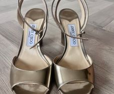 Jimmy Choo Miranda 85 Gold Metallic Block Heels Size 37 - Box Inc.
