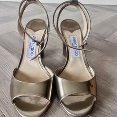 Jimmy Choo Miranda 85 Gold Metallic Block Heels Size 37 - Box Inc.